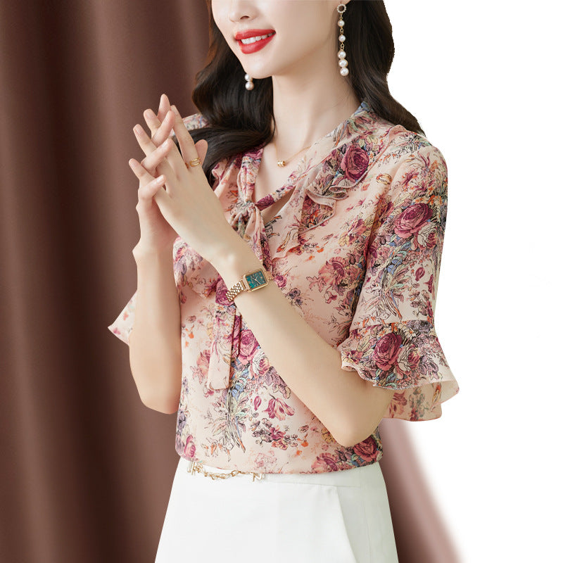 Fragmented Chiffon Shirt Top For Women's Fashionable And Westernized V-neck