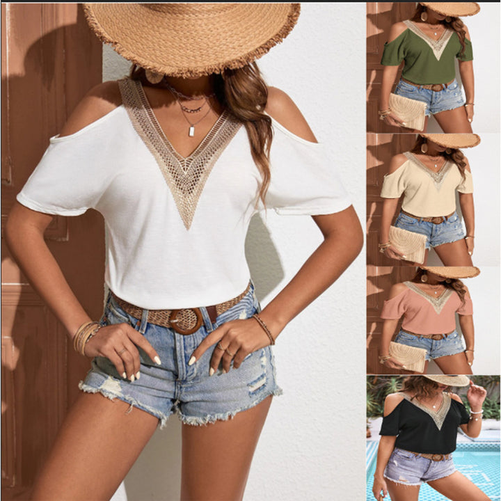 Summer New V-neck Casual Hollow Sleeve Short Sleeve Solid Color Top