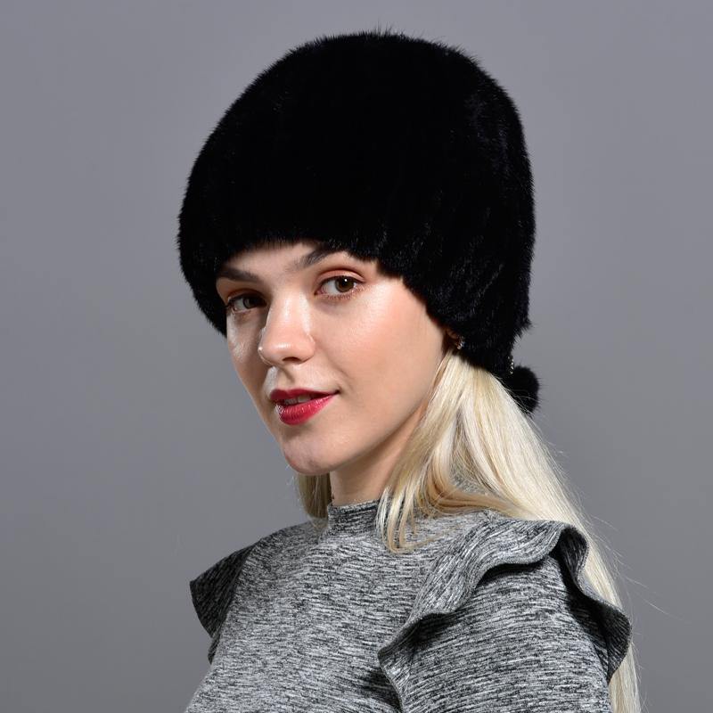 mink hats women's winter natural geniune fur warm knitted hats with 3 balls handsewn fashionable skullies beanies hat - MRSLM