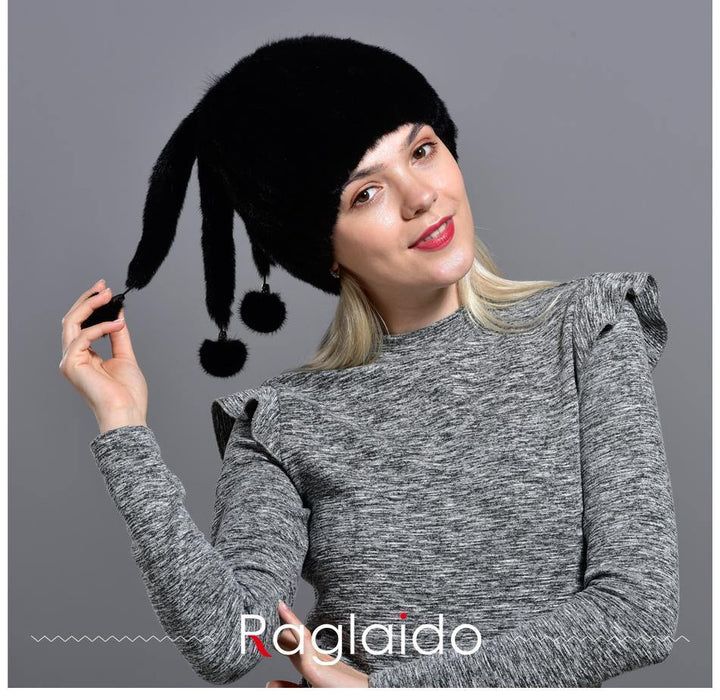 mink hats women's winter natural geniune fur warm knitted hats with 3 balls handsewn fashionable skullies beanies hat - MRSLM