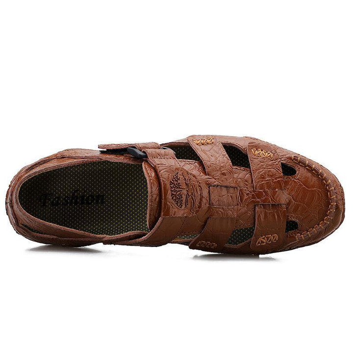 Men Cowhide Hollow Out Breathable Soft Bottom Slip On Outdoor Casual Beach Sandals - MRSLM