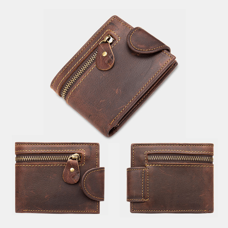 Men Genuine Leather Cowhide Multifunction Zipper Foldable Card Holder Wallet - MRSLM