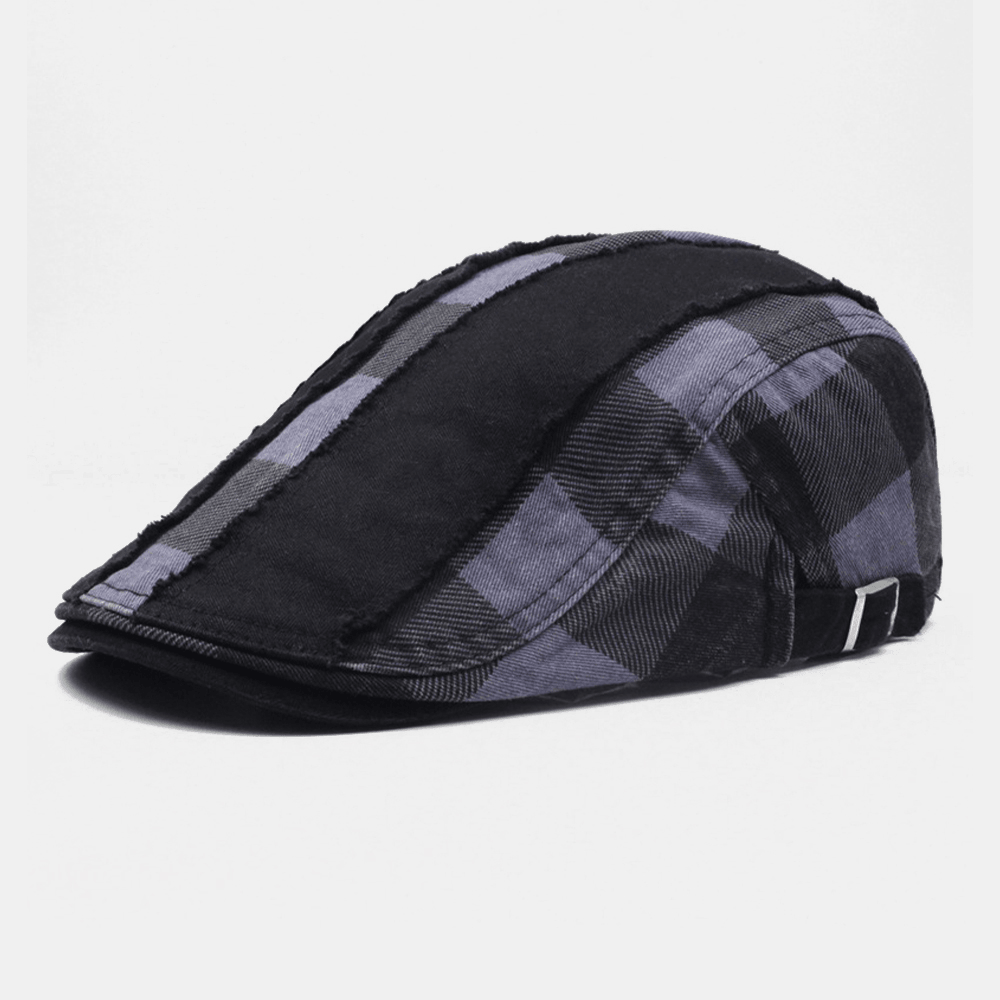 Men Cotton Patchwork Stitching Lattice Casual Outdoor Sunshade Flat Hat Beret Hat - MRSLM