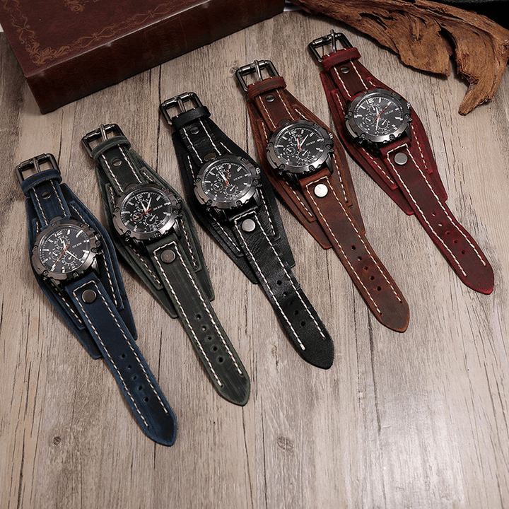 Deffrun Big Dial Vintage Cow Leather Bracelet Watch Decorate Small Three-Hand Men Quartz Watch - MRSLM