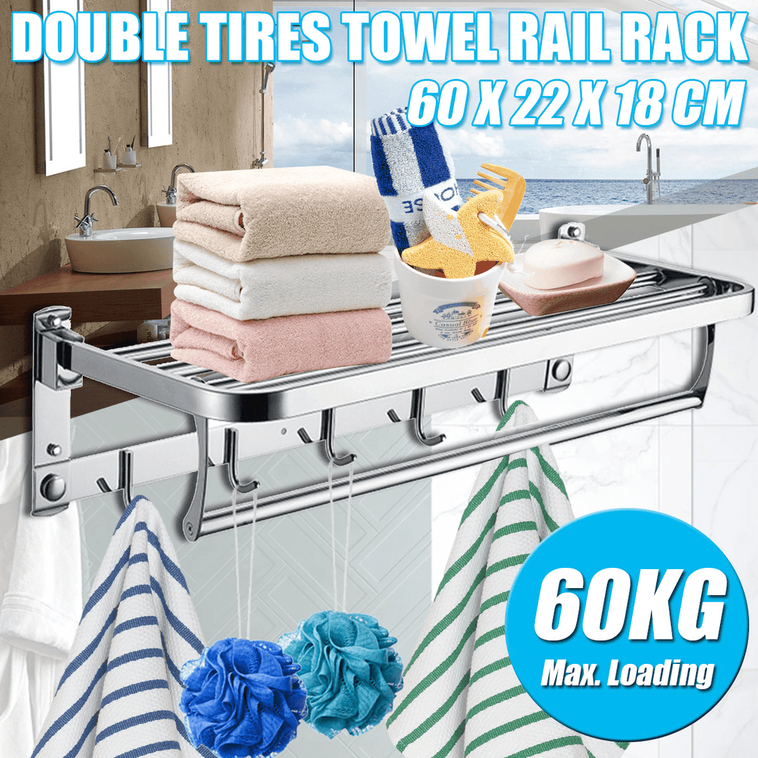 Bakeey 304 Stainless Steel Double Towel Rail Rack Shelf Wall Mounted Bathroom with 5 Hook - MRSLM