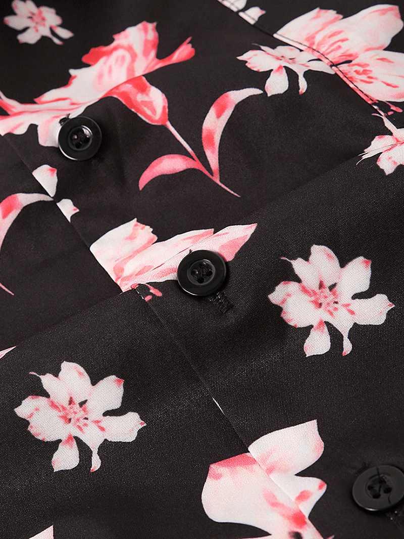 Mens Peach Blossom Floral Print Short Sleeve Holiday Breathable Shirts - MRSLM