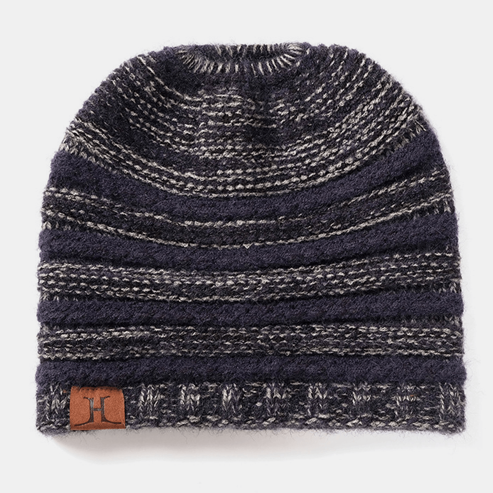 Unisex Wool Stripe Pattern Keep Warm Empty Top Ear Protection Knitted Hat - MRSLM