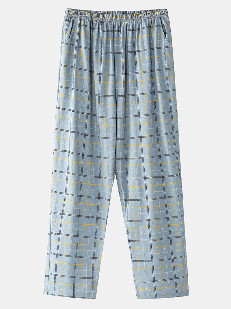 Mens Grid Letter Print Revere Collar Cotton Comfy Pajamas Sets with Pocket - MRSLM