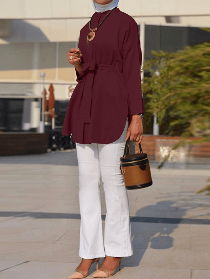 Women Brief Style Solid Color Belted O-Neck Casual Long Sleeve Leisure Blouse - MRSLM