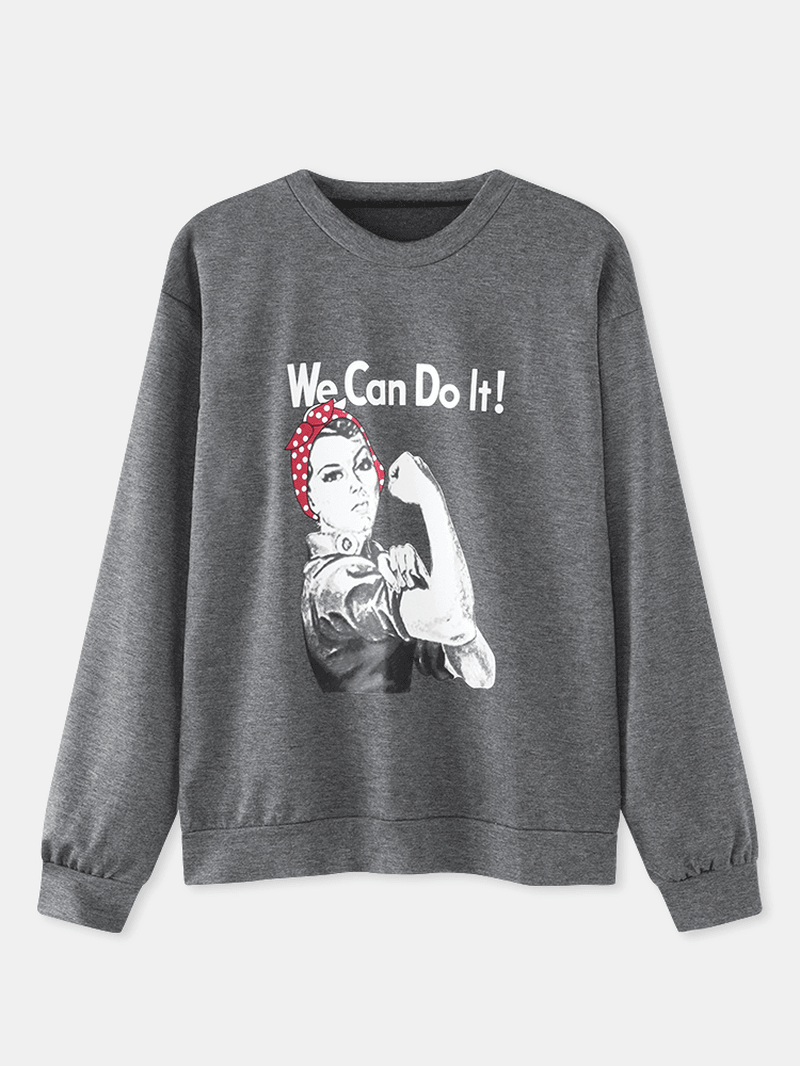 Women Slogan Figure Print Crew Neck Casual Drop Shoulder Sweatshirts - MRSLM