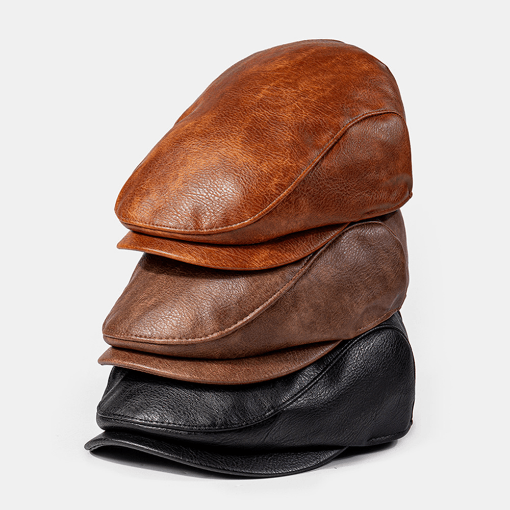 Men PU Leather Solid Color Absorb Sweat Breathable Beret Flat Cap Casual Warmth Newsboy Hat Forward Hat - MRSLM
