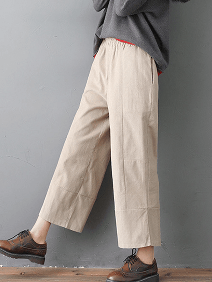Women Pure Color Elastic Waist Pockets Corduroy Pants - MRSLM