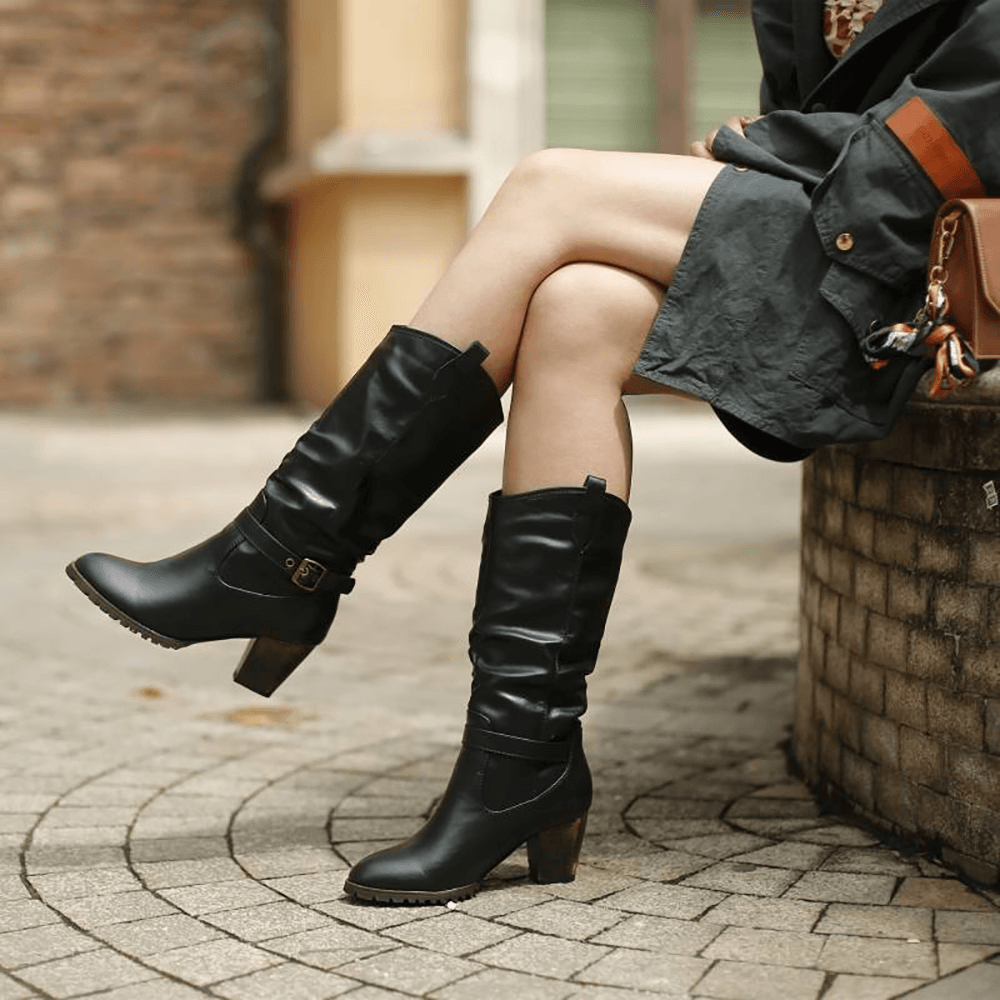 Women Large Size Buckle Belt Decor Mid Calf Chunky Heel Riding Boots - MRSLM
