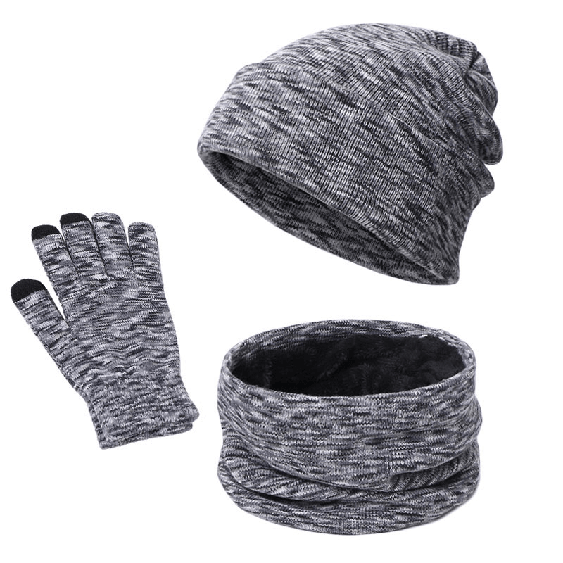 Knitted Three-Piece Hat Scarf Touch Screen Gloves plus Velvet Outdoor Solid Color - MRSLM