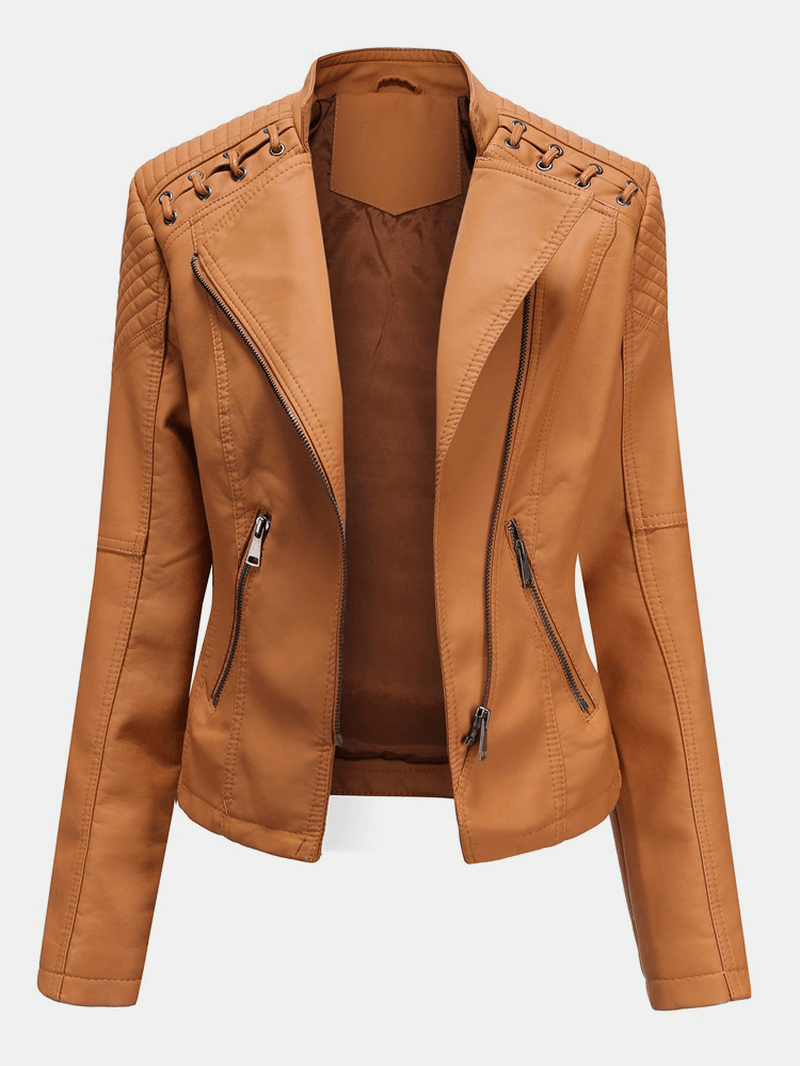 Women Faux PU Leather Solid Color Motorcycle Jacket - MRSLM