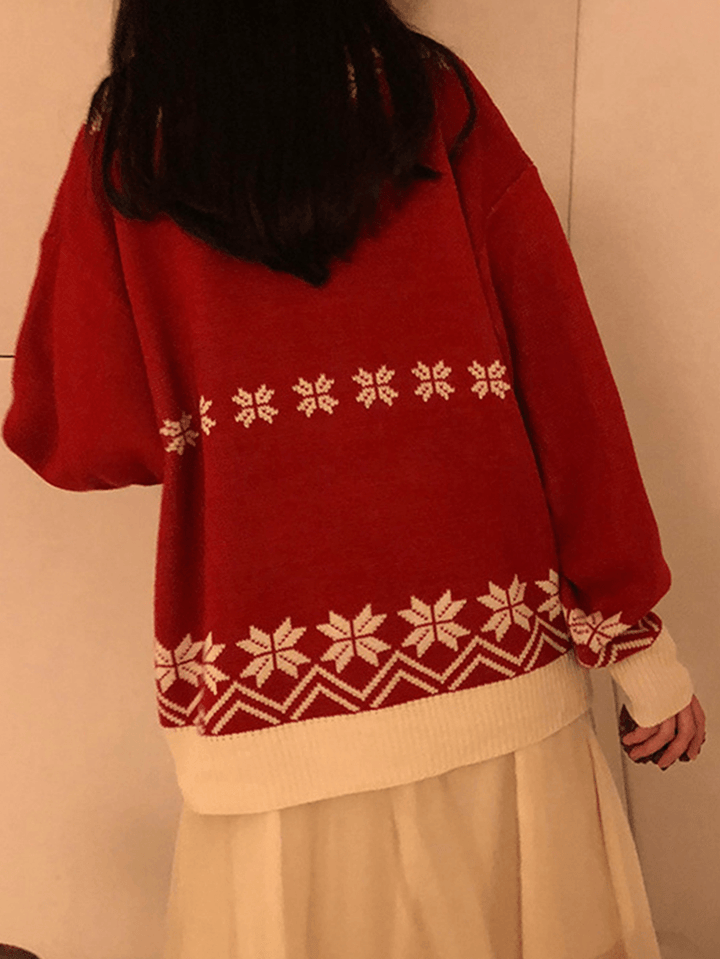 Women Christmas Father Snowflake Pattern Knitted Loose Drop Sleeve Sweaters - MRSLM