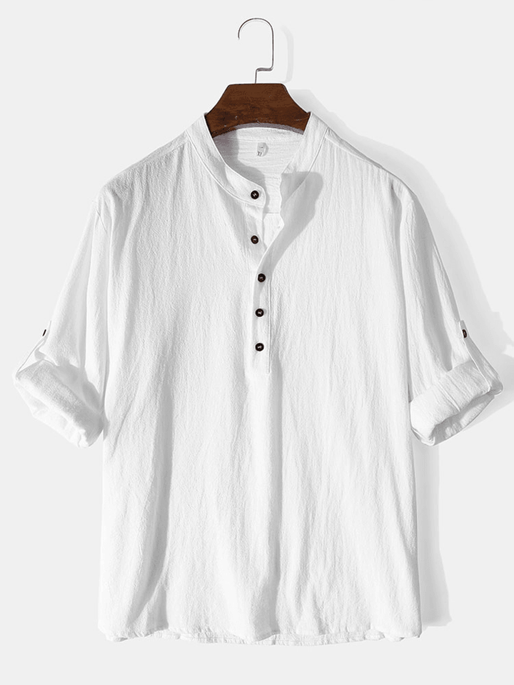 Mens Solid Color High Low Basics Cotton Long Sleeve Henley Shirts - MRSLM