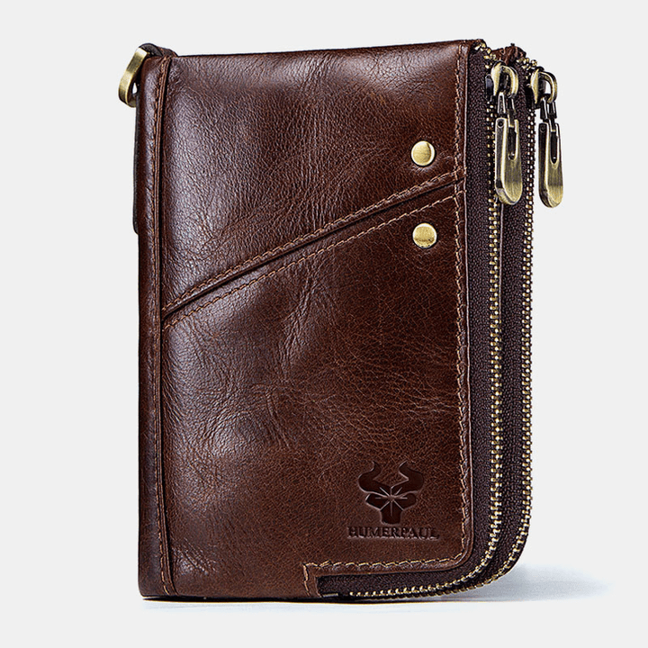 Men Vinatge Genuine Leather RFID Blocking Chain Zipper Coin Bag Wallet - MRSLM
