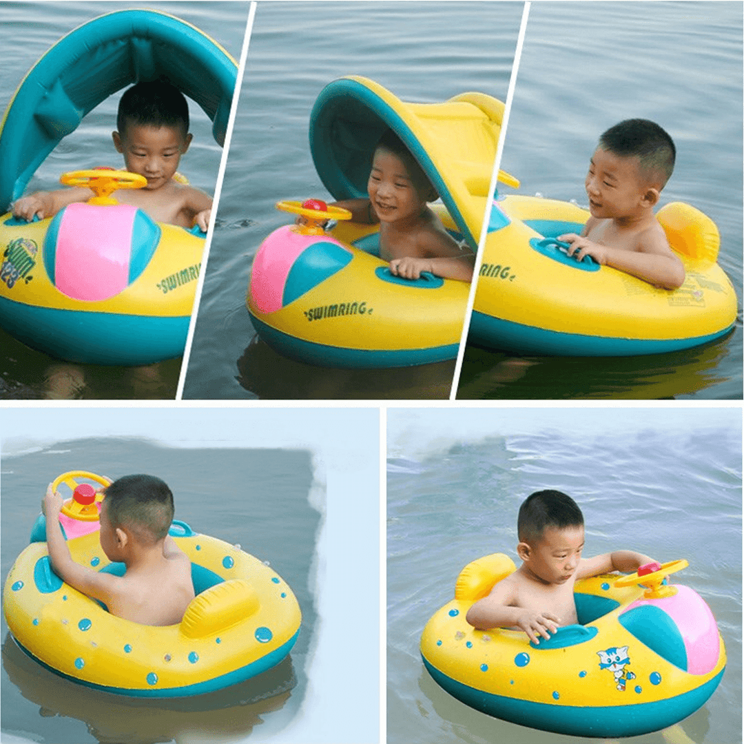 Baby Inflatable Swimming Float Ring PVC Lying Water Seat Boat Sunshade Pool Mattress with Canopy Kid Gift - MRSLM