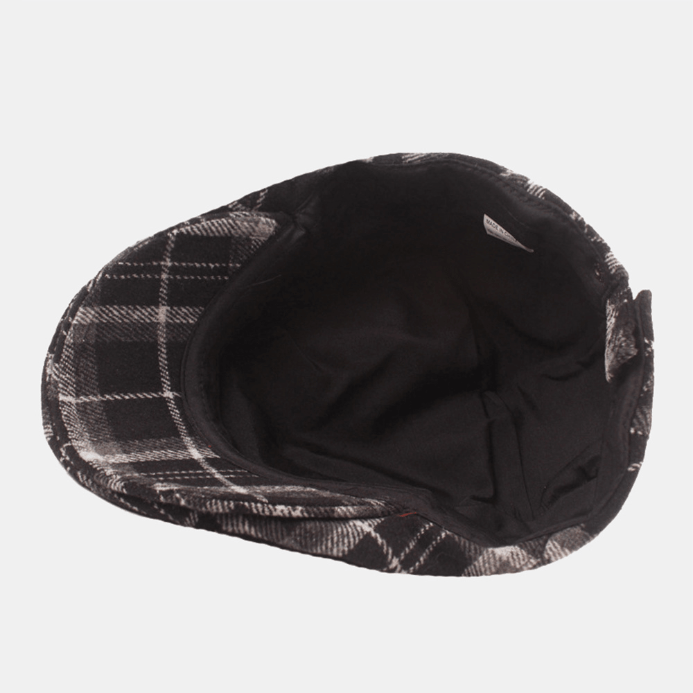 Men Cotton Lattice Pattern Thicken Warmth Casual Forward Hat Beret Flat Cap - MRSLM