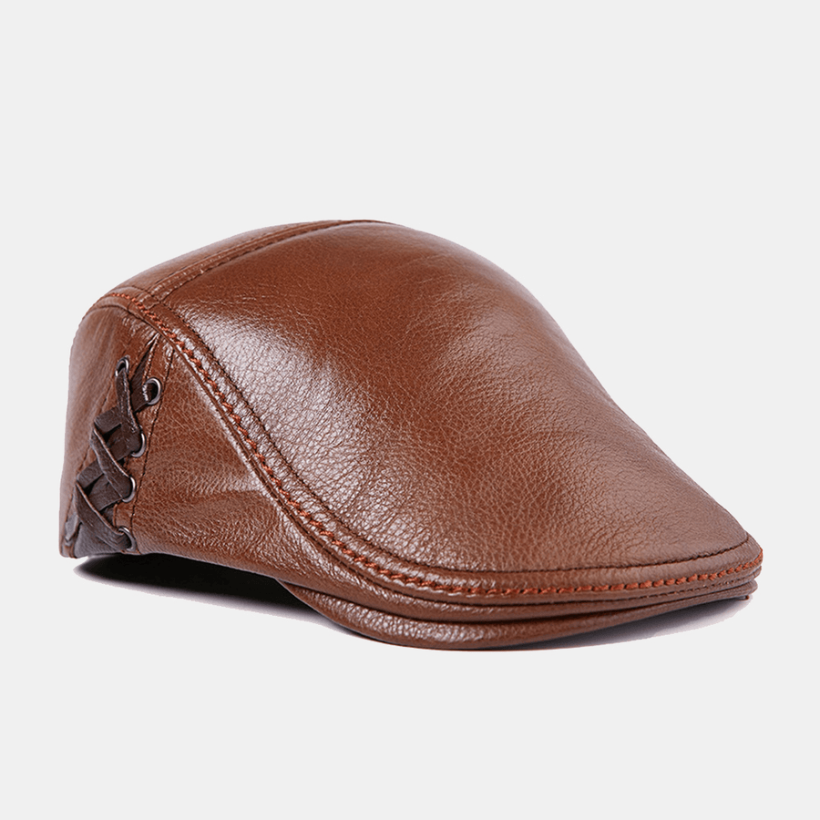 Mens Winter Warm Adjustable Genuine Leather Beret Caps Windproof Outdoor Top Layer Leather Trucker Caps Hats - MRSLM