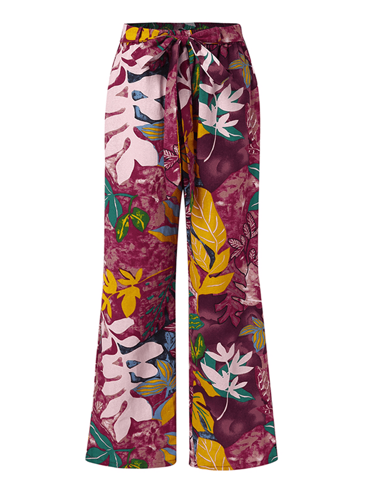 Retro Style High Elastic Waist Leaf Floral Print Pocket Vintage Pants with Belted - MRSLM