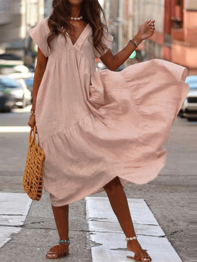 100% Cotton Casual Loose V-Neck Solid Dress for Women - MRSLM