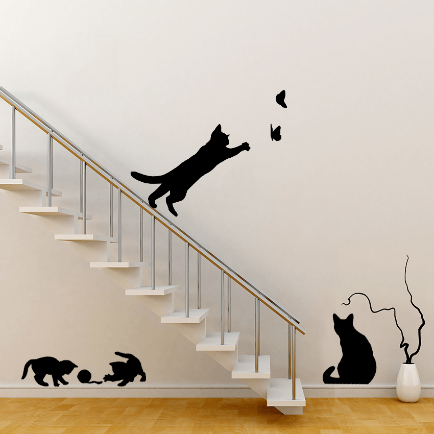 Removable Cat Play Butterflies Wall Sticker for Bedroom, Kitchen, and Living Room Decor - MRSLM
