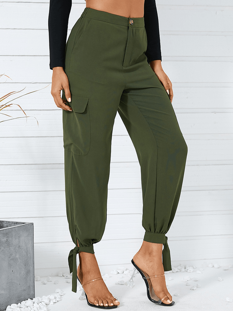 Women Solid Color Casual High Waist Jogger Pants with Pocket - MRSLM