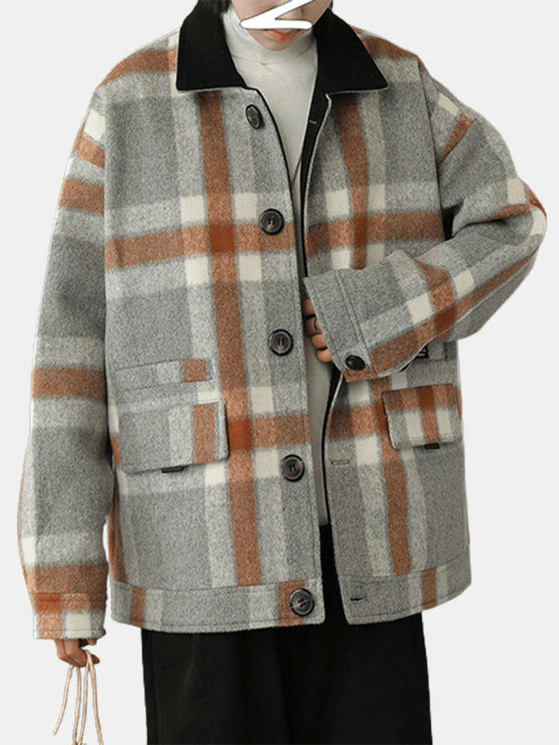 Mens Design Plaid Thicken Long Sleeve Warm Duffle Jacket with Pocket - MRSLM