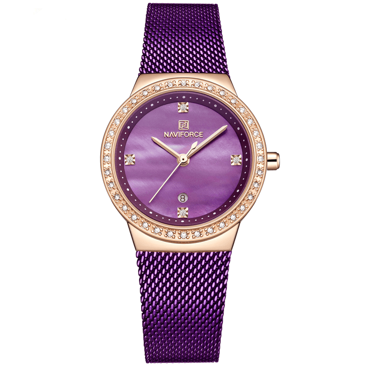 NAVIFORCE 5005 Diamonds Casual Style Ladies Wrist Watch Mesh Steel Date Display Quartz Watch - MRSLM