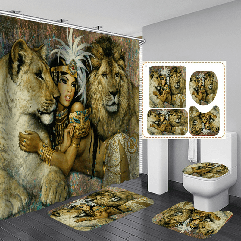African Woman Egypt Queen and Lion Waterproof Bathroom Set Shower Curtain Bath Mats Floor Doormat Rugs - MRSLM