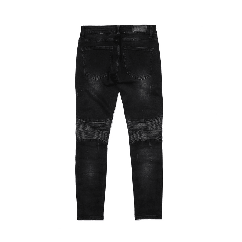 High Street Style Leather Patch Zipper Motorcycle Small Feet Slim Stretch Jeans - MRSLM
