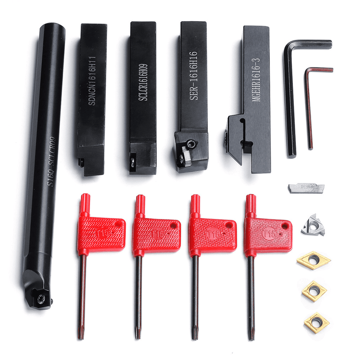 5Pcs 16Mm Shank Lathe Turning Tool Holder Boring Bar CNC Tools Set with Carbide Inserts and Wrenches - MRSLM