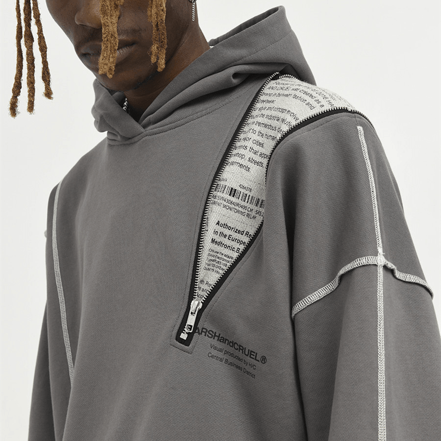 Asymmetrical Zipper Reverse Process Printing Loose Hooded Sweatshirt - MRSLM