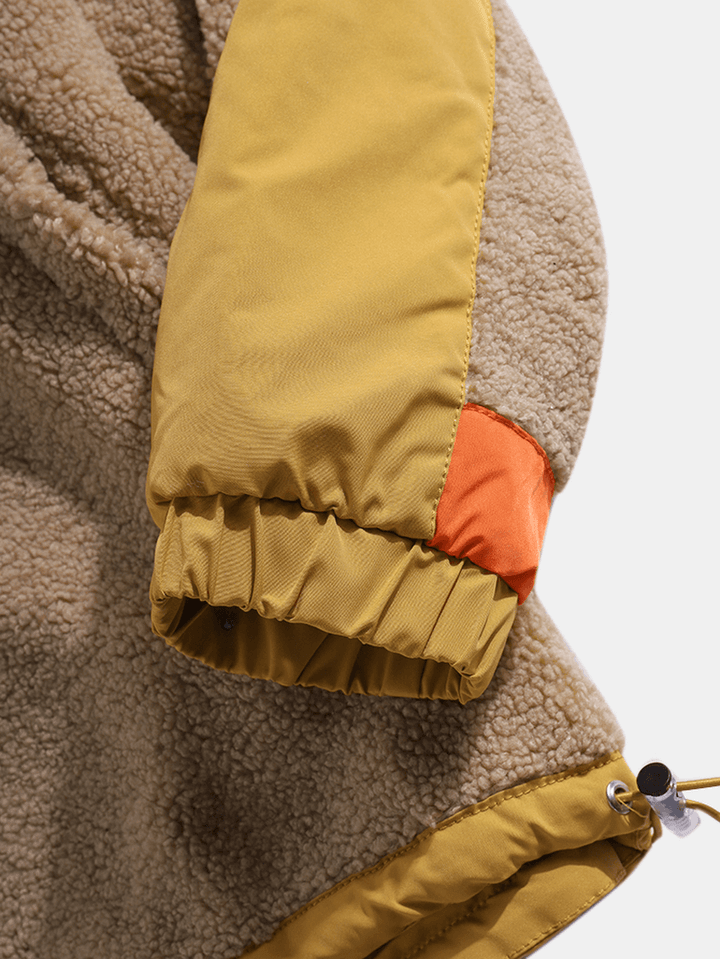 Mens Contrast Color Patchwork Fluffy Faux Fur Long Sleeve Hoodie Jacket - MRSLM