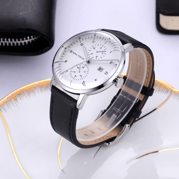 MINI FOCUS MF0052G Leather Strap Men Watch Casual Style Luminous Hand Quartz Watches - MRSLM
