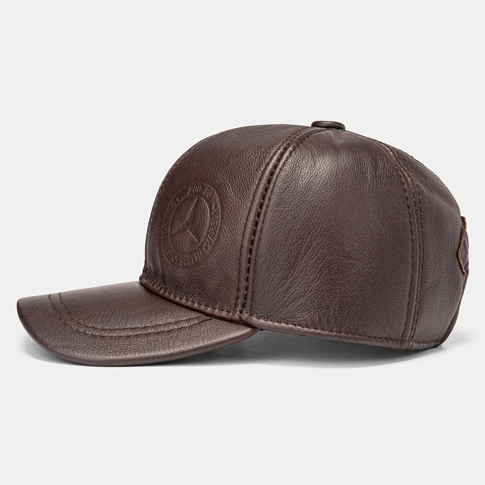 Men Genuine Leather Solid Color Ear Protected plus Thick Casual Baseball Hat - MRSLM