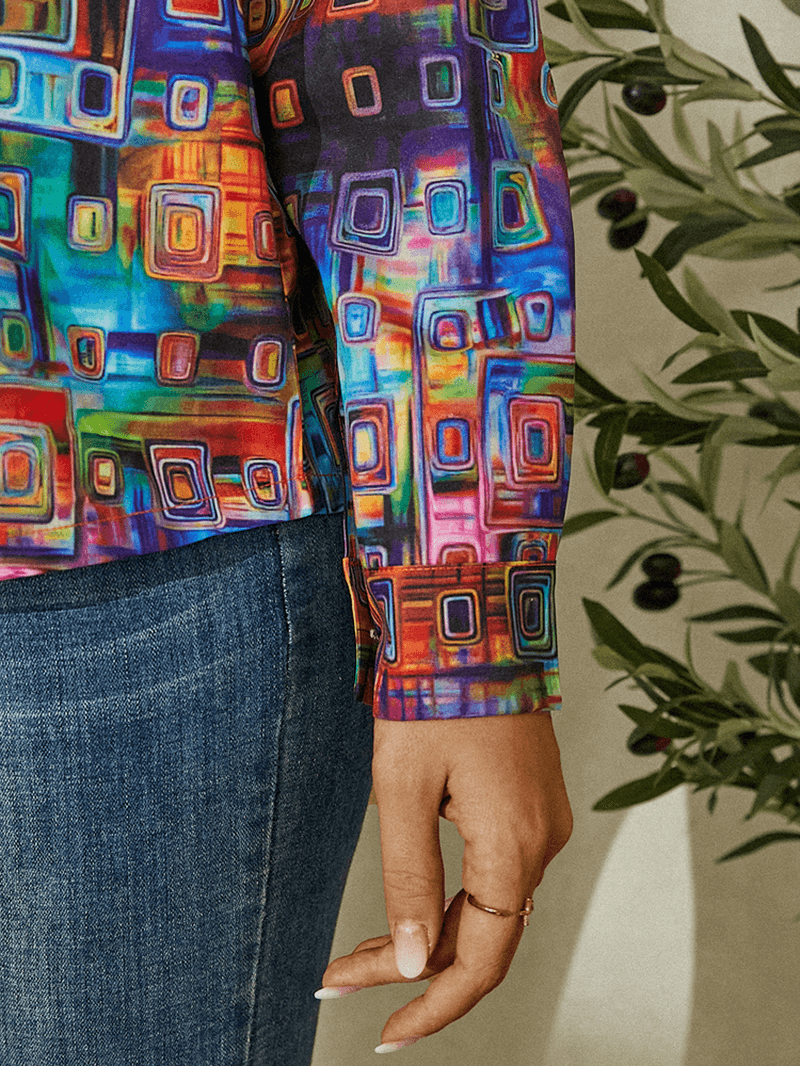 Women Colorful Geometric Printed Button Lapel Long Sleeve Shirt - MRSLM