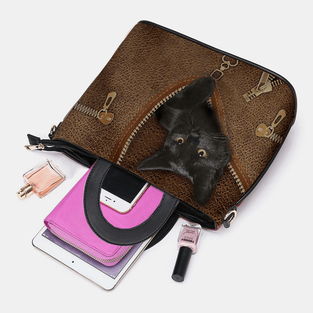 Women Faux Leather Cartoon Black Cat Pattern Multi-Carry Handbag Crossbody Bag Satchel Bag - MRSLM