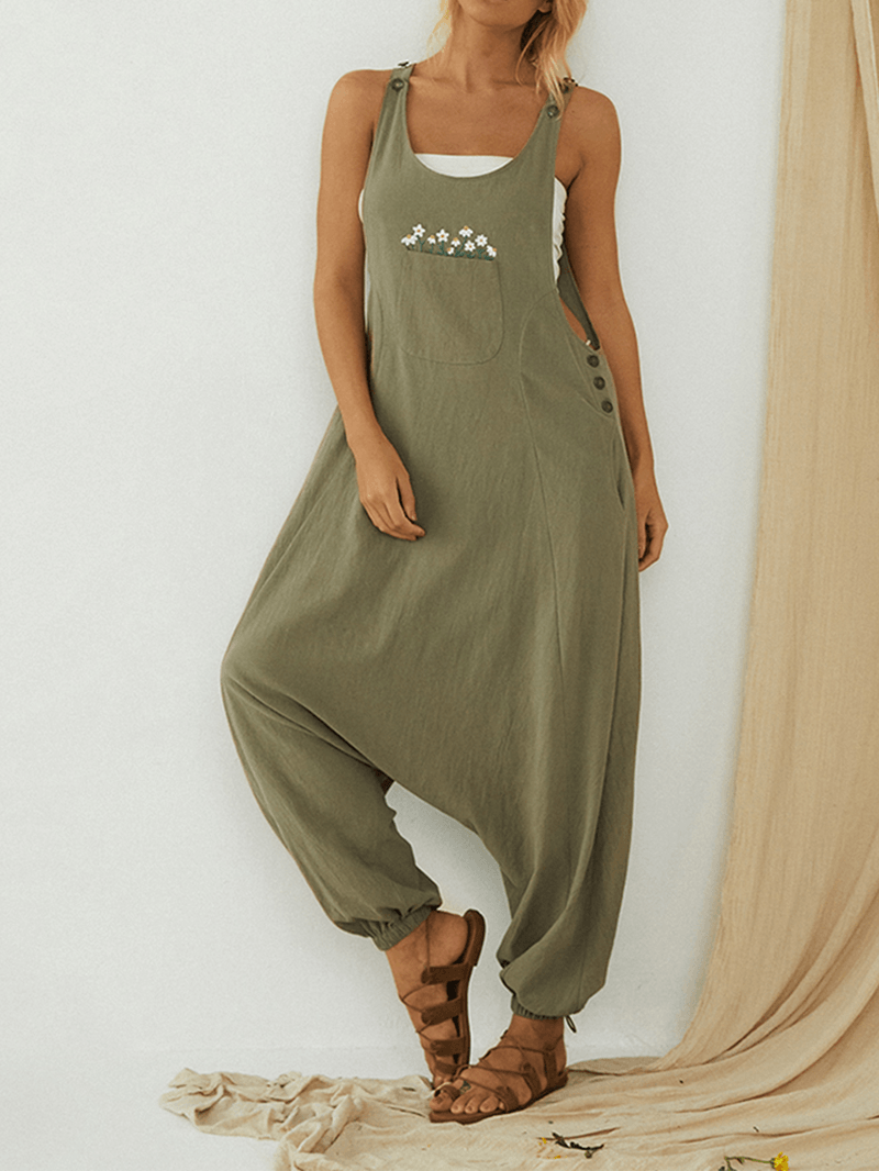 Daisy Embroidered Pockets Drop-Crotch Side Button Casual Harem Jumpsuits for Women - MRSLM