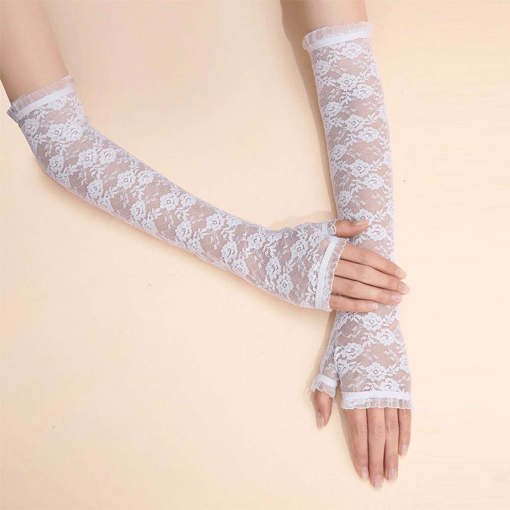 Women Dacron Wild Long Flowers Pattern Lace Gloves Mesh Breathable Half-Finger Gloves Sun Protection Sleeves - MRSLM