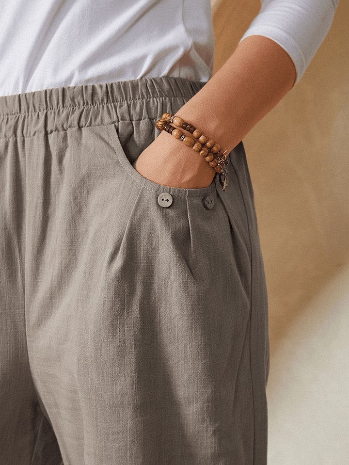 Solid Color Pocket Elastic Waist Drawstring Design Casual Cotton Women Pants - MRSLM