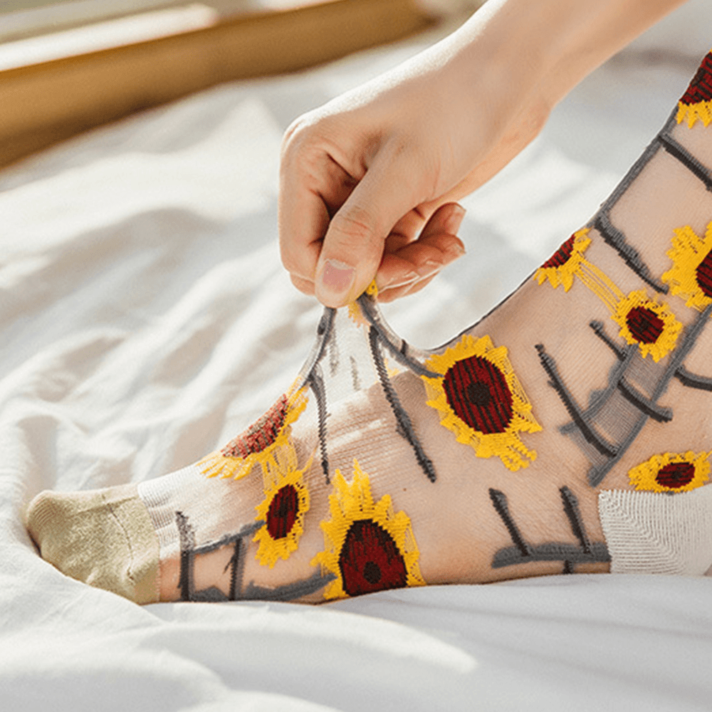 Women Ultra-Thin Cotton Sunflower Vine Flower Breathable Absorbent Silk Stockings Tube Socks - MRSLM