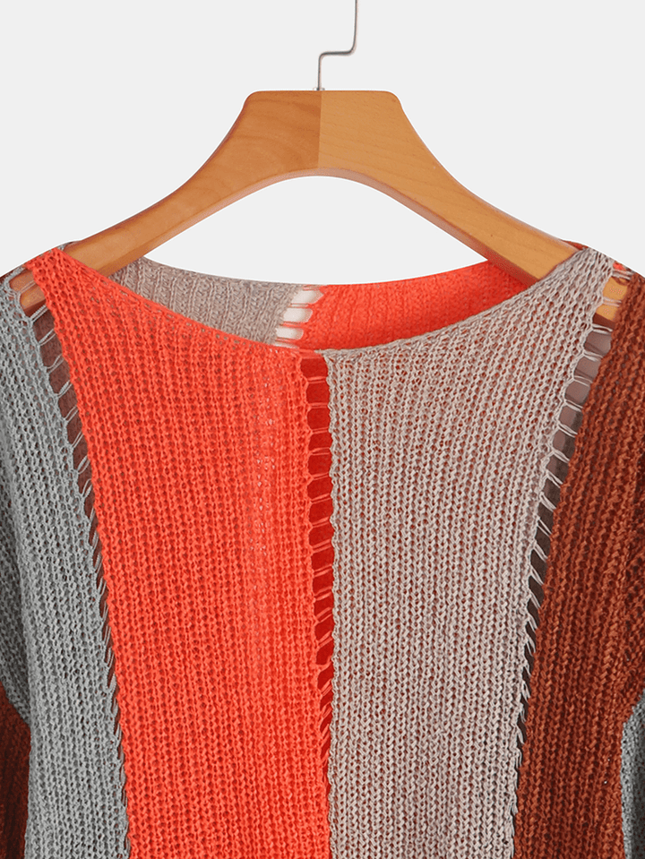 Long Sleeve Crew Neck Striped Hollow Sweaters - MRSLM