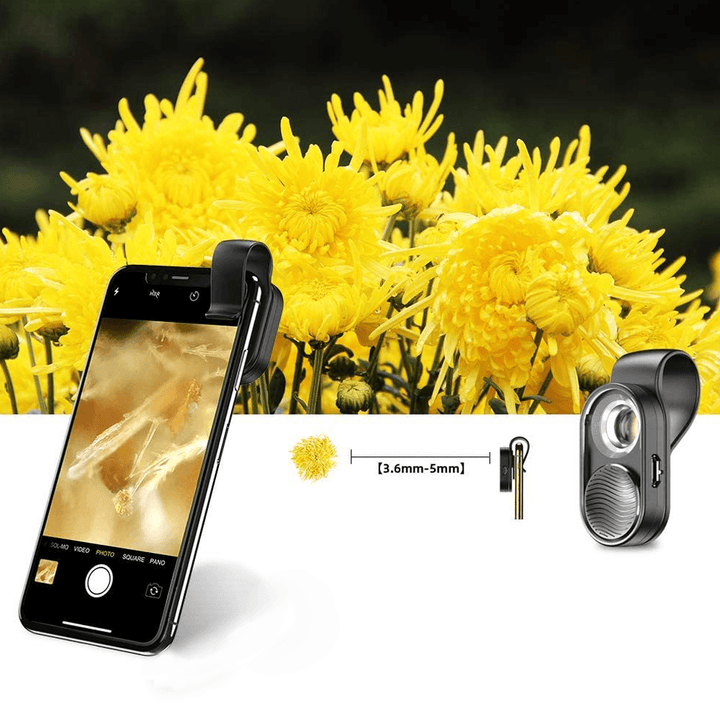 APEXEL 100X Microscope Lens HD Optical Digital USB Charging Portable Phone Camera Micro Pocket Lenses with Universal Clip LED Light - MRSLM