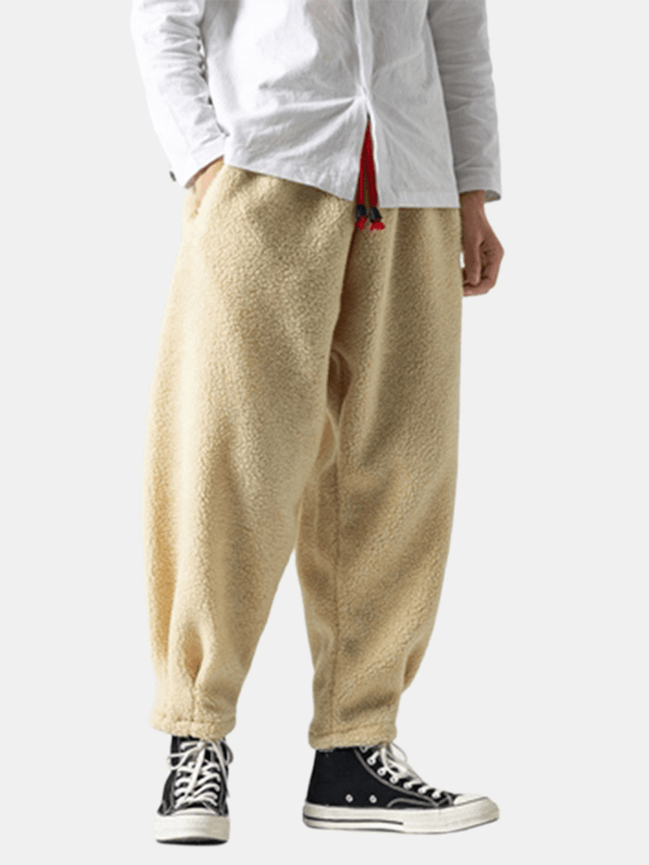 Mens Fleece Warm Thickened Chinese Style Loose Drawstring Wool Harem Pants - MRSLM