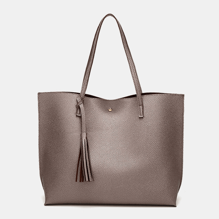 Women PU Leather Lychee Pattern Large Capacity Casual Tassel Solid Tote Shoulder Bag Handbag - MRSLM