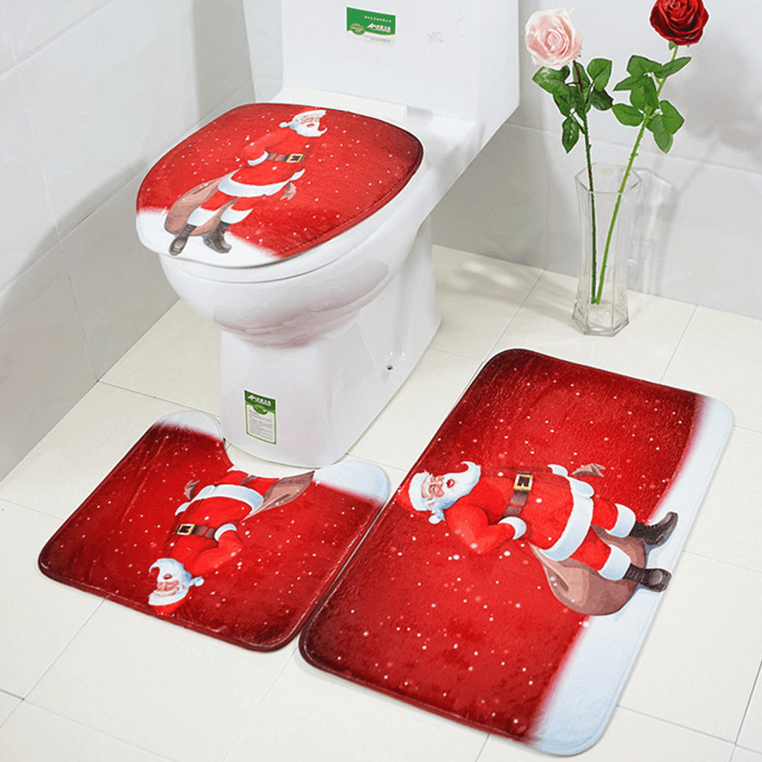 3PCS Christmas Snowman Toilet Mat Set Non-Slip Waterproof Bathroom Door Mat Set - MRSLM