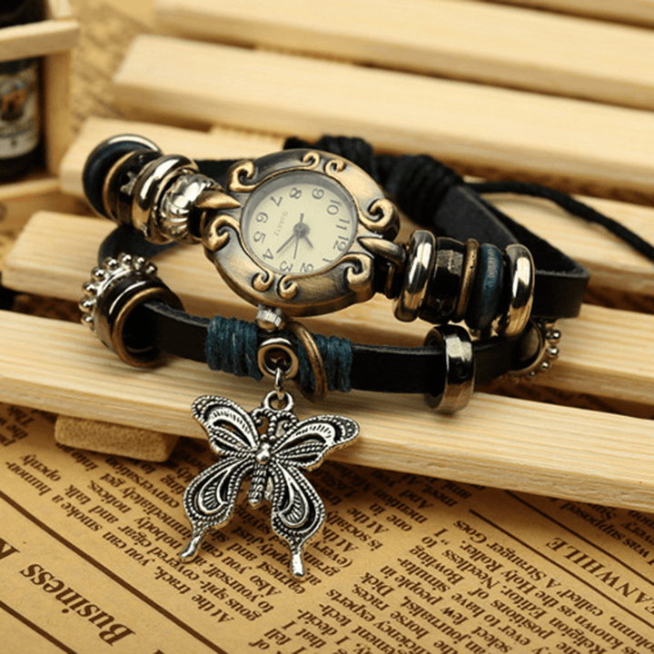 Deffrun Vintage Multilayer Cow Leather Women Bracelet Watch Butterfly Pendant Quartz Watch - MRSLM